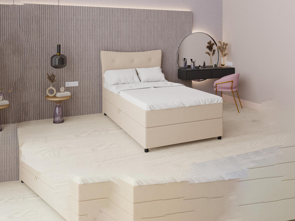 BOXBETT Nevada 120x200 cm Polsterbett mit hochwertiger Bonell-Matratze und Topper - beige - Beige, Holz (120/200cm) - Panda Möbel