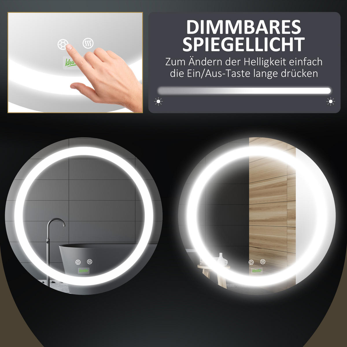 BADEZIMMERSPIEGEL, Ø50 cm, mit LED Beleuchtung, Anti-Beschlag, IP44 - Silberfarben, Glas (50/4.6/50cm) - Kleankin