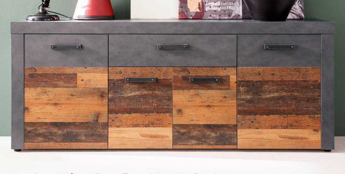 SIDEBOARD Used Wood Altholz Design mit Grau 178 cm, Kommode 4-türig - Silberfarben/Schwarz, Holzwerkstoff/Kunststoff (40/77/178cm) - Top.Furn