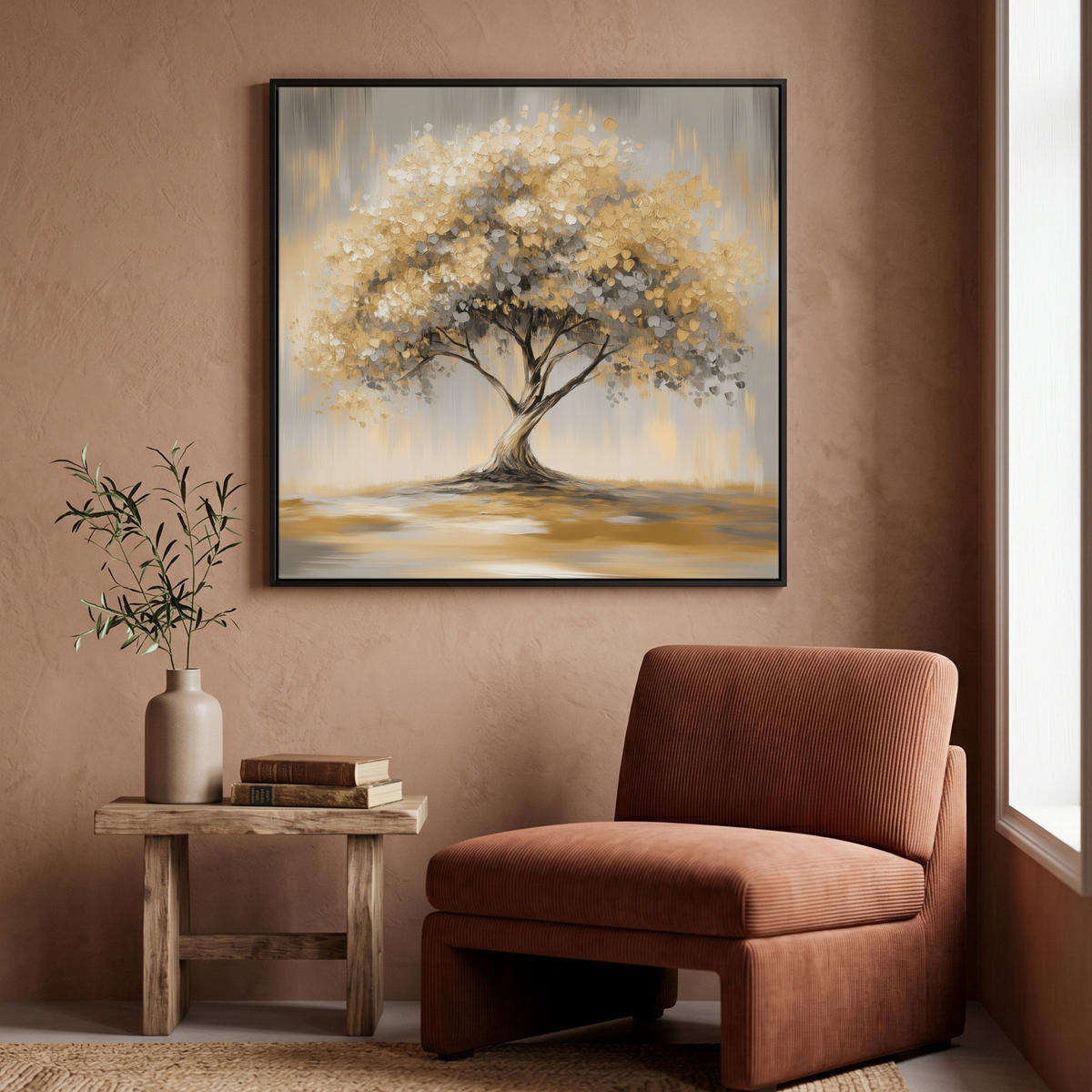 LEINWAND Bilder mit Rahmen - Gemälde - Baum - Abstrakt - Blätter - 90x90 - Beige, Textil (90/90cm) - MuchoWow