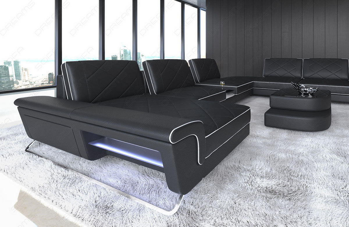 WOHNLANDSCHAFT Bari XXL - Schwarz/Weiß, Leder (456/89/329cm) - Sofa Dreams