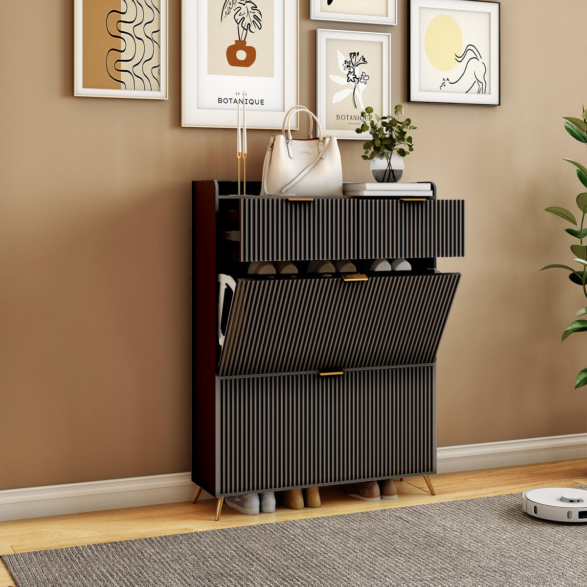 SCHUHSCHRANK 80x24x110 cm Schubladen Trennwände Metallbeine schwarz - Schwarz, Holz (80/110/24cm) - Fortuna Lai