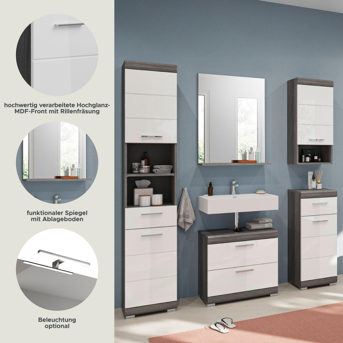 BADKOMBINATION 5tlg. Scout Bad in Rauchsilber Nachbildung und weiß hochglanz B/H/T: 164x191x37 cm - Anthrazit, Holz (164/191/37cm)
