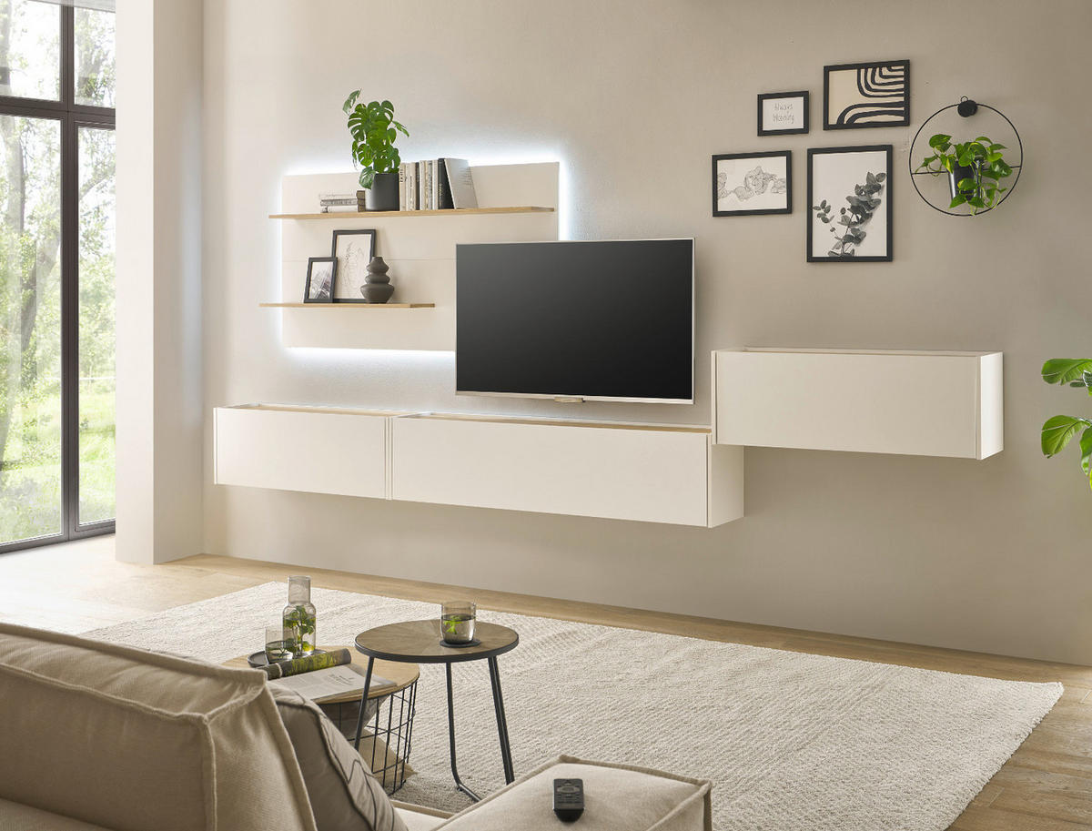WOHNWAND weiß, Eiche Wotan 350 cm, Schrankwand mit Sekretär - Eiche Wotan/Weiß, Holzwerkstoff/Metall (350/180/30cm) - Furn.Design