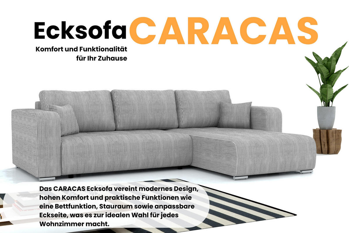 ECKSOFA CARACAS 288/185 in Cord Hellgrau mit Schlaffunktion rechts - Hellgrau, Holz/Holzwerkstoff (288/185cm) - Deine Möbel 24