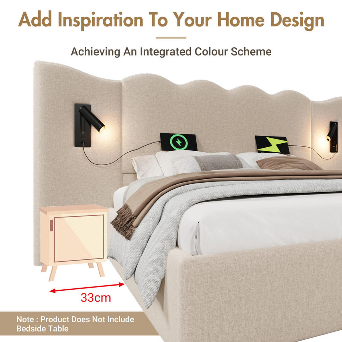 POLSTERBETT 180x200cm Doppelbett mit Leselampe & USB-C Stauraum Beige - Beige, Holz - FLIEKS