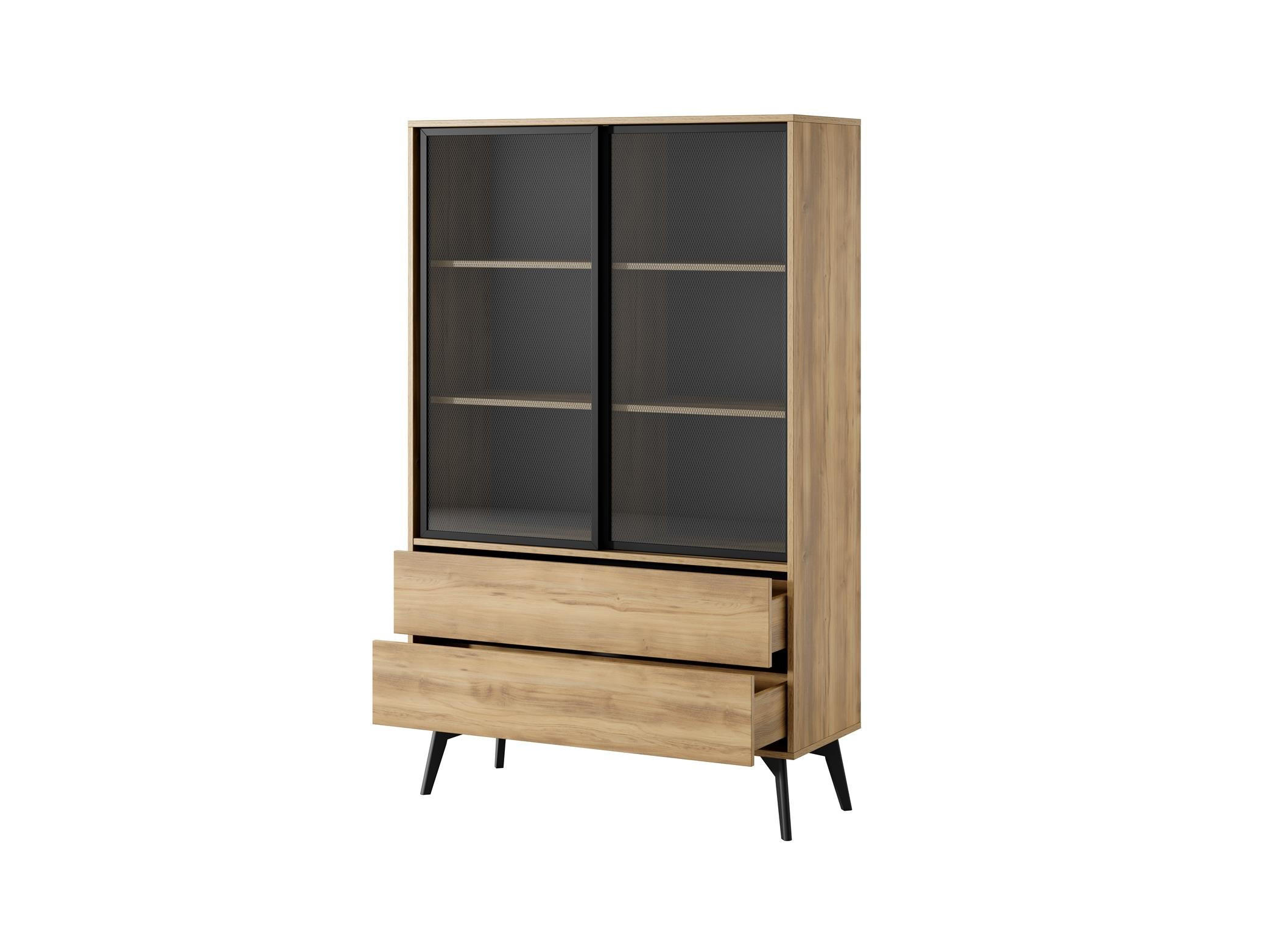 VITRINE Swift Golden Eiche, zweitüriger Schrank mit Schubladen, mit LED - Schwarz/Braun, Holzwerkstoff (100/165/39cm) - Bettso