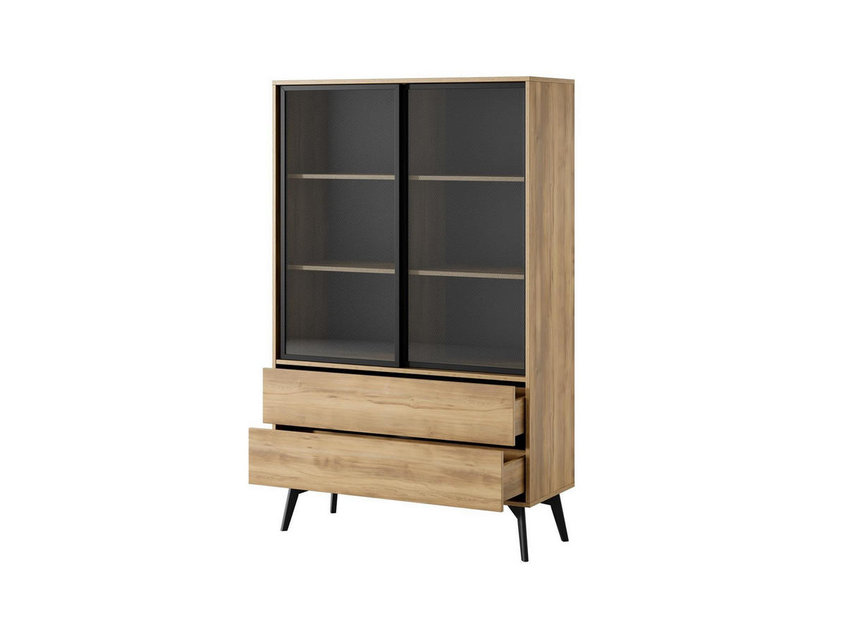 VITRINE Swift Golden Eiche, zweitüriger Schrank mit Schubladen, mit LED - Schwarz/Braun, Holzwerkstoff (100/165/39cm) - Bettso