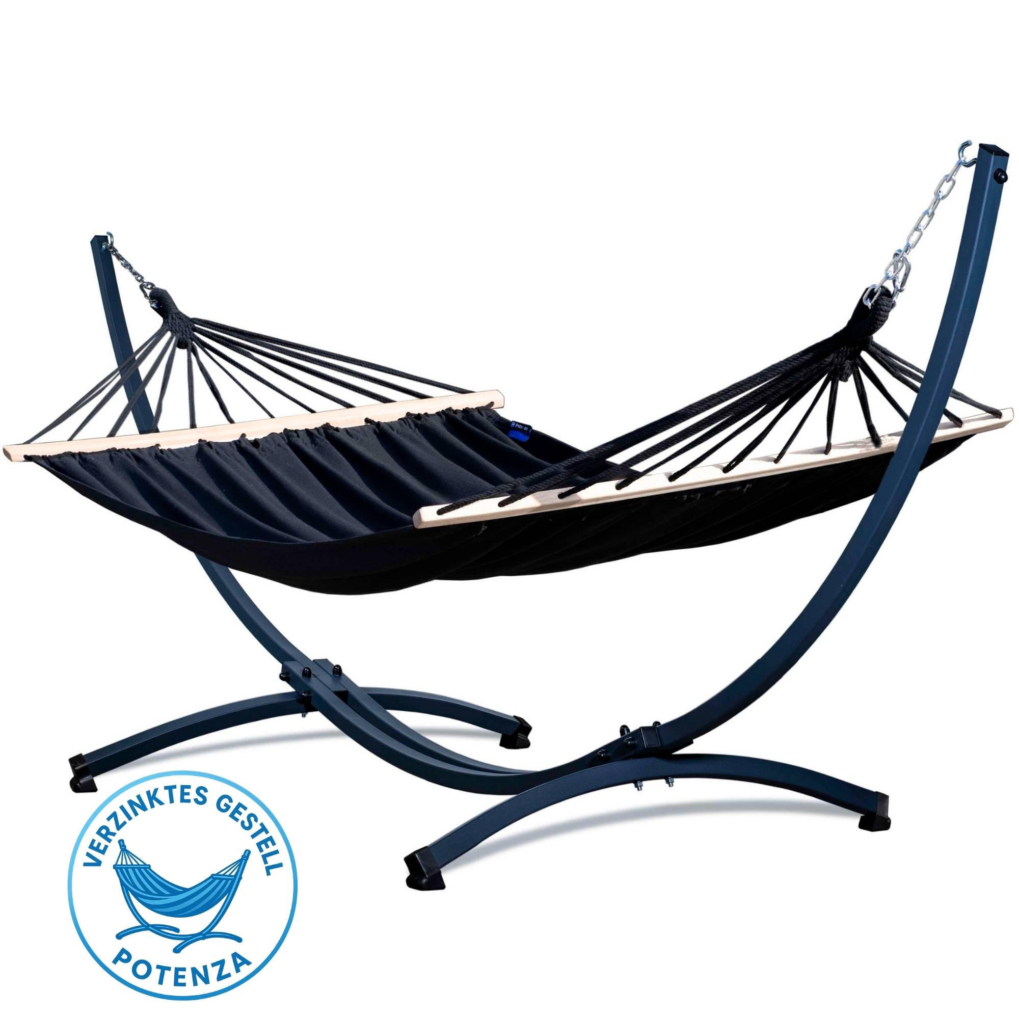 HÄNGEMATTE mit Verzinktem Gestell, 2 Personen, Stabhängematte, XXL, 200 kg, Metall, Schwarz, einfache Montage - Schwarz, Metall (370/130/120cm) - Potenza