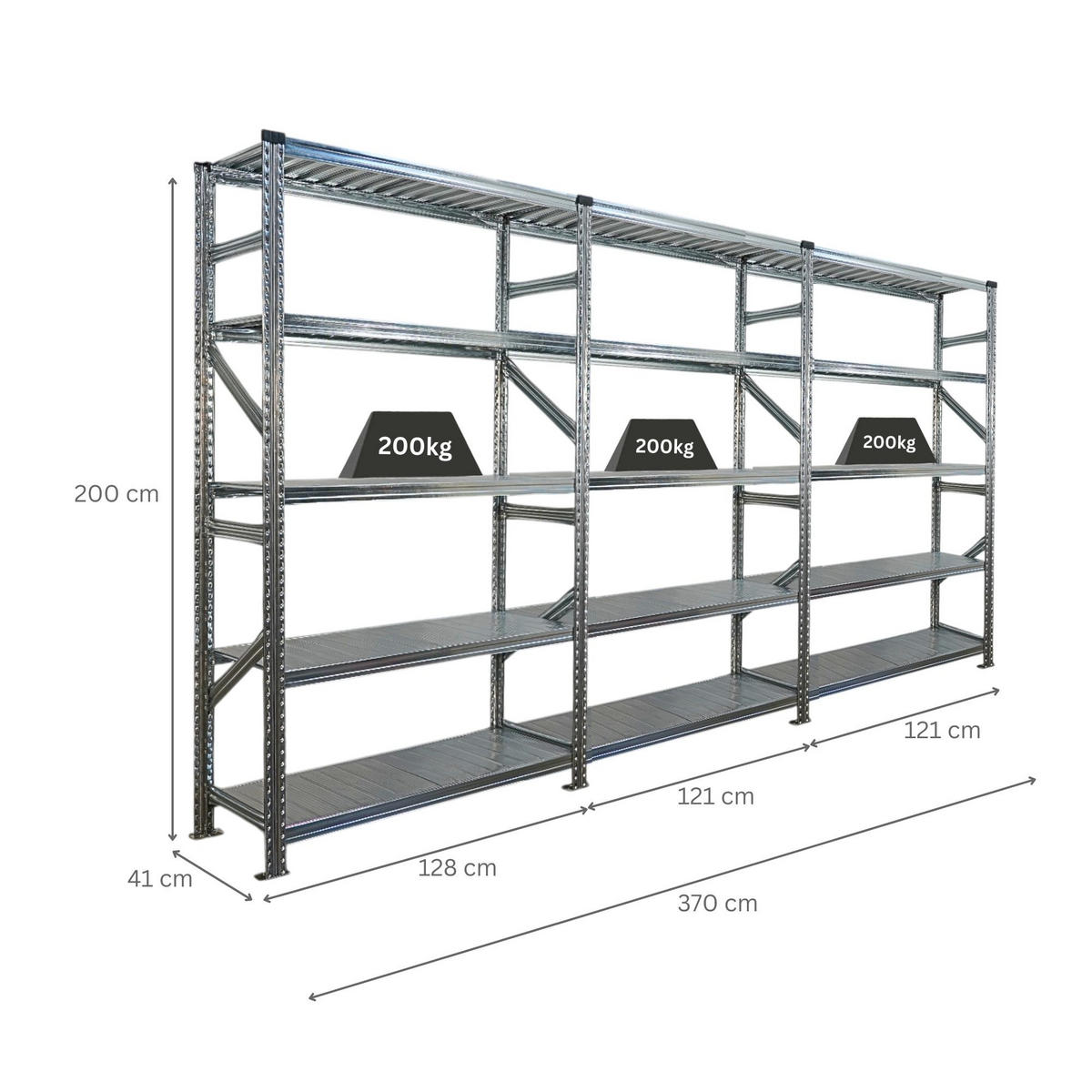 FACHBODENREGAL Proximo Stecksystem 200x360x40cm 5 Ebenen Fachlast 200 kg Beidseitig nutzbar Verzinkt - Silberfarben, Metall (360/200/40cm) - PROREGAL