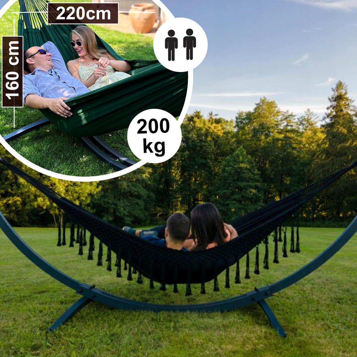 HÄNGEMATTE mit Gestell, 2 Personen, XXL, Tytan Rahmen bis 350 kg, Metall, Santia Schwarz, einfache Montage - Schwarz, Metall (370/130/120cm) - Potenza