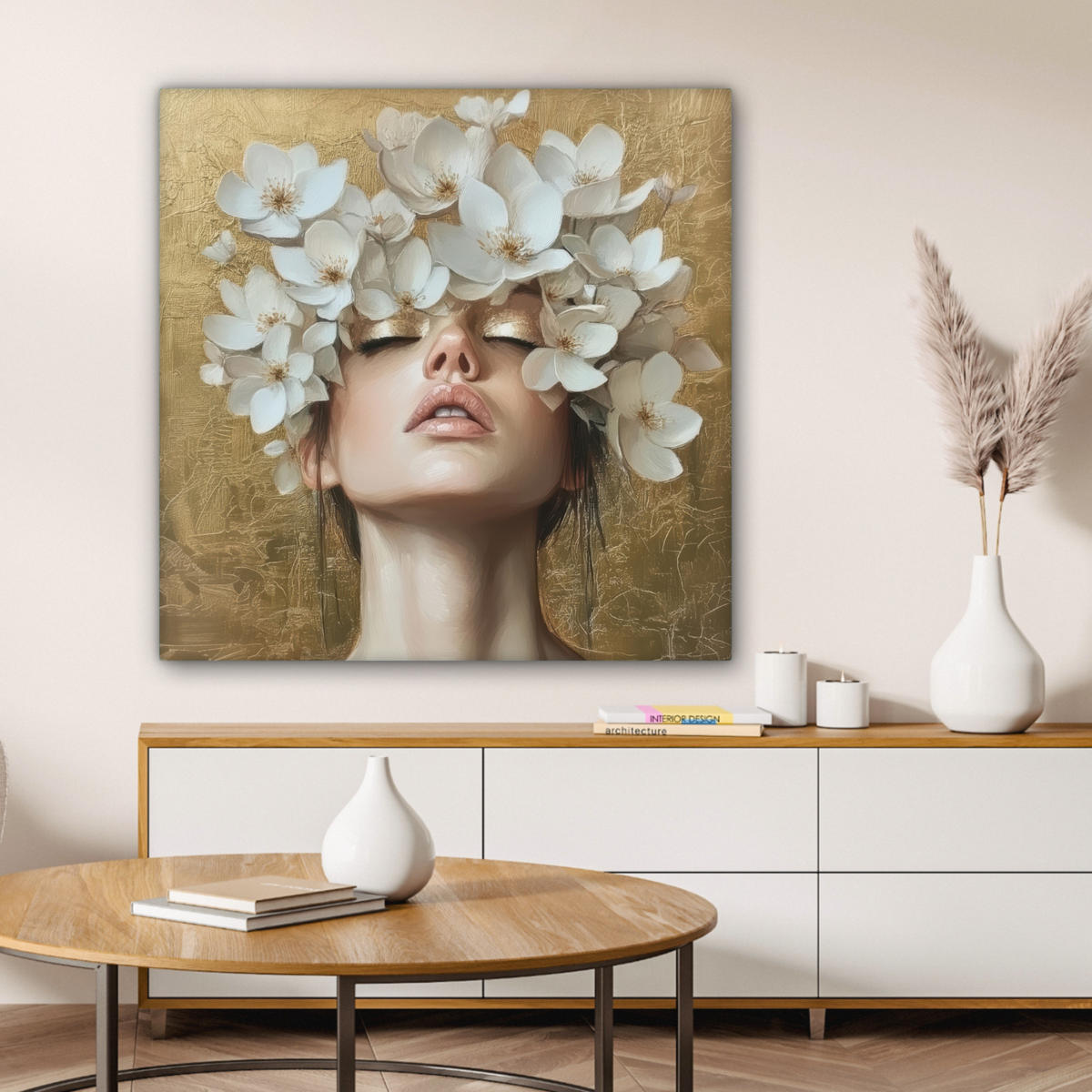 LEINWANDBILD Gesicht - Blumen - Gold - Abstrakt Deko Groß 90x90 cm - Goldfarben, Textil (90/90cm) - MuchoWow