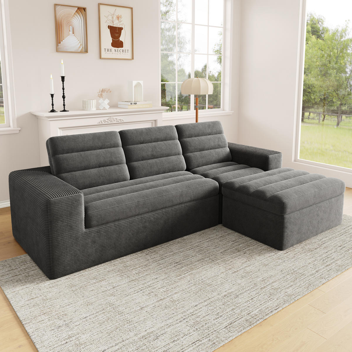 ECKSOFA mit rahmenloser Konstruktion und Cordstoff - Dunkelgrau, Textil (253/161cm) - EVRYAE
