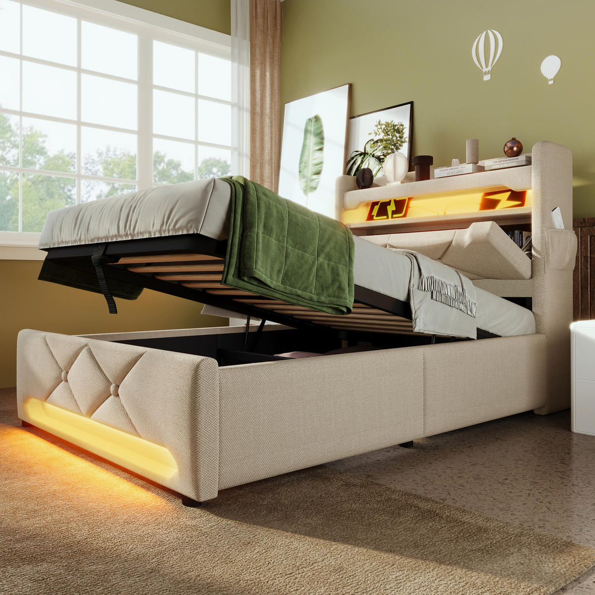 BETT mit LED, Stauraum und Matratze 90x200 cm Leinen Beige - Beige, Metall (90/200cm) - Meubliv