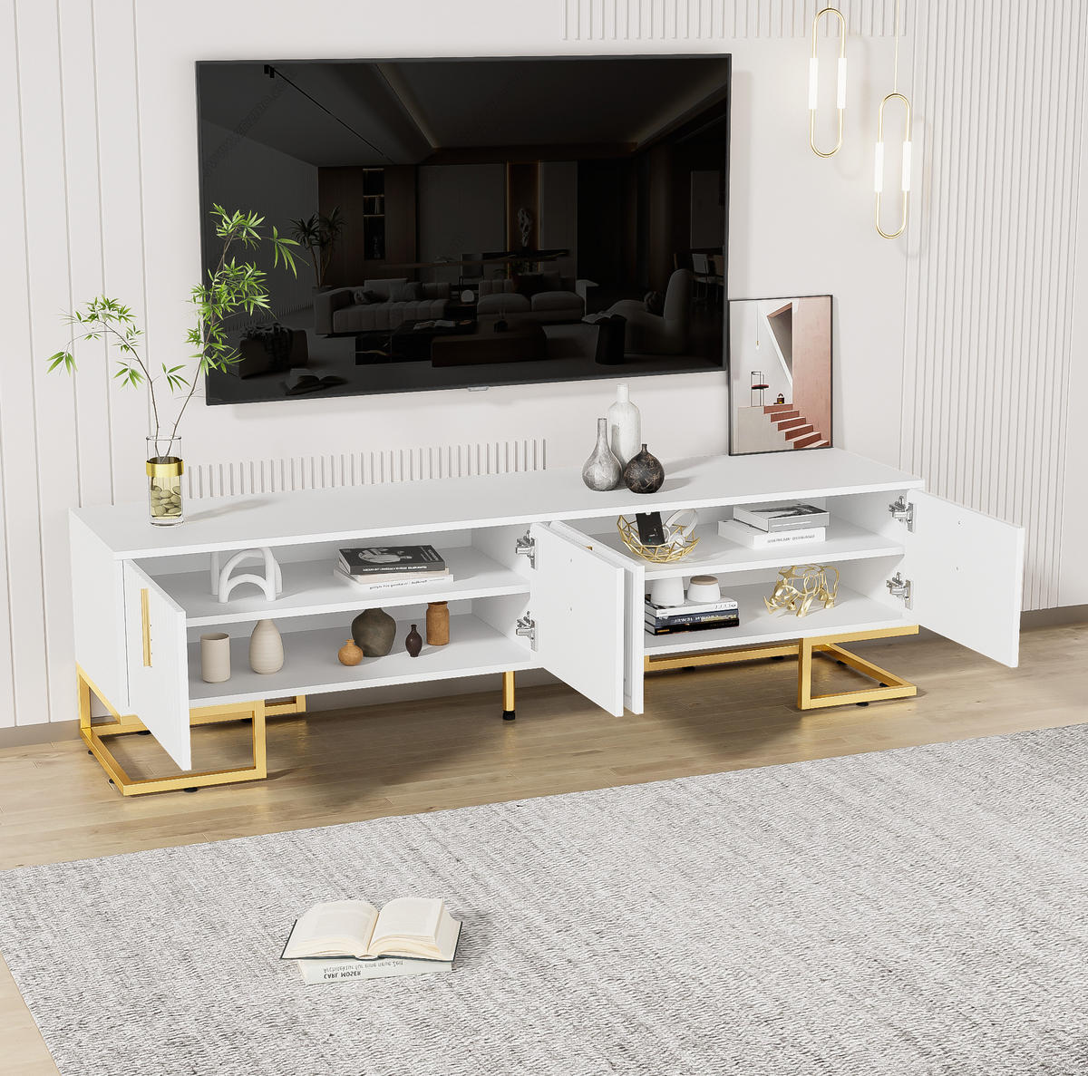 TV-LOWBOARD aus Spanplatte 170x40x45,5 cm Weiß mit 4 Türen, goldfarbenen Griffen und verstellbaren Füßen - Weiß, Holzwerkstoff (200/60/35cm) - Modfu