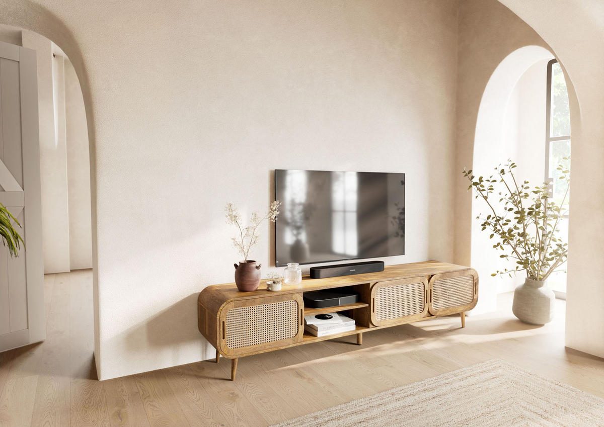 TV-BOARD Mango 220x40x50 natur lackiert VALENCIA #124 - Naturfarben, Holz (220/50/40cm) - Massivmoebel24