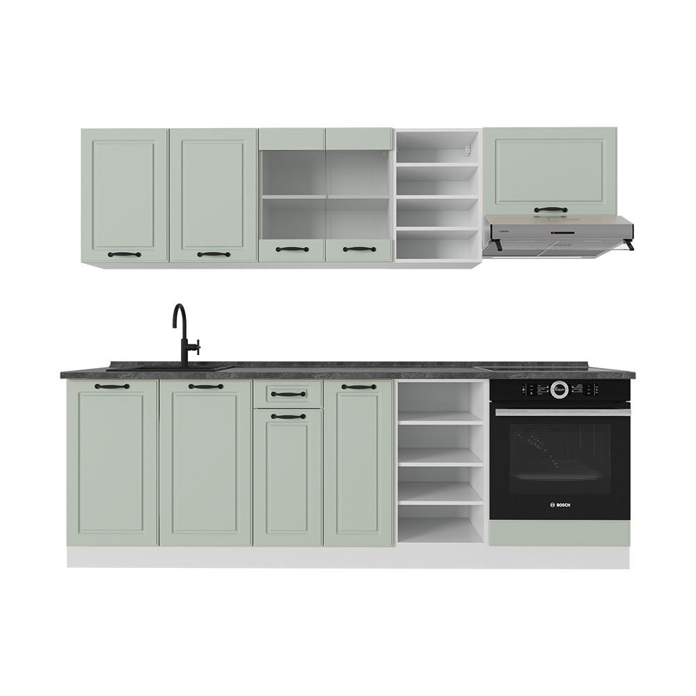 KÜCHENZEILE R-Line, Mint Landhaus/Weiß, 240 cm ohne Arbeitsplatte - Weiß/Grün, Holzwerkstoff (240/206.8/46cm) - Vicco