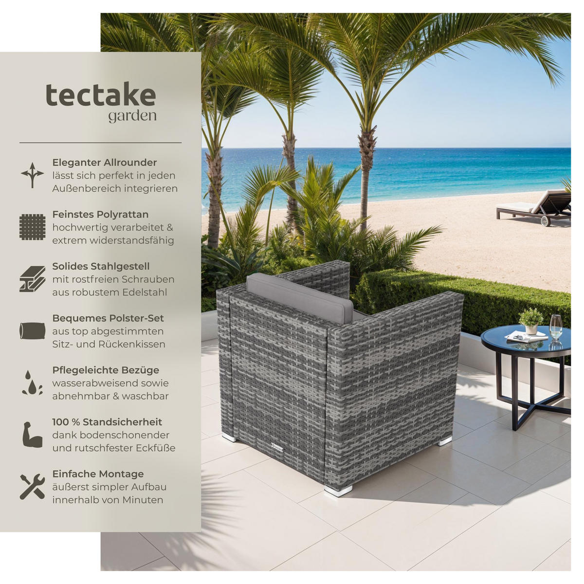 RATTANSESSEL Lignano,70 x 69 x 65cm,grau - Grau, Kunststoff (70/65/69cm) - tectake