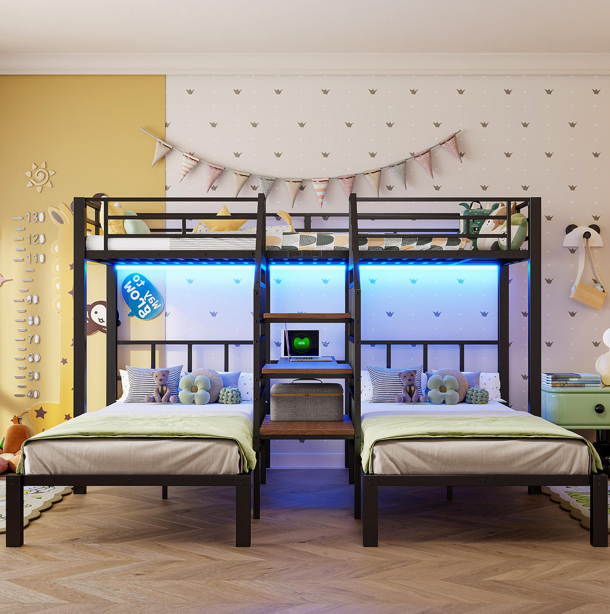 ETAGENBETT 90/200 cm in Schwarz mit LED-Beleuchtung, Schreibtisch und Stauraum - Schwarz, Metall (90/200cm) - OKMYHOME