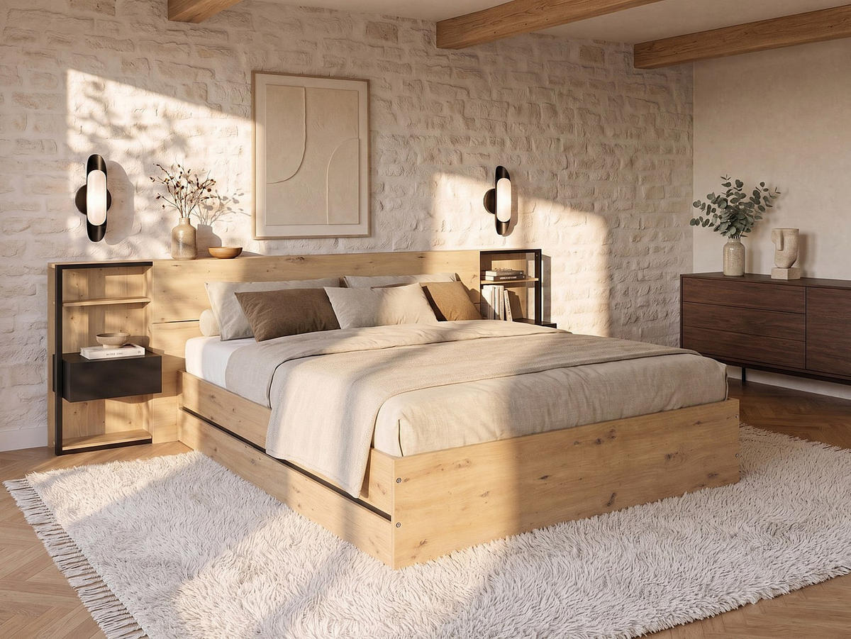 BETT mit Bettkasten - 2 Personen - holz - schwarz, naturfarben hell Ludaro - Schwarz/Naturfarben, Holz (140/190cm) - Vente-Unique
