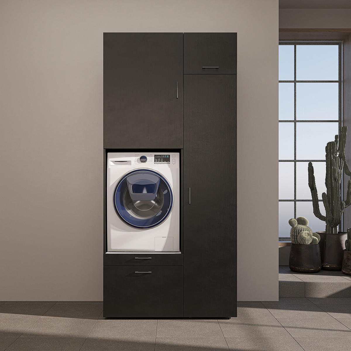 WASCHMASCHINENSCHRANK Serie 2 112cm Breit, 240cm Hoch - Schwarz, Holzwerkstoff (112/240/67cm)