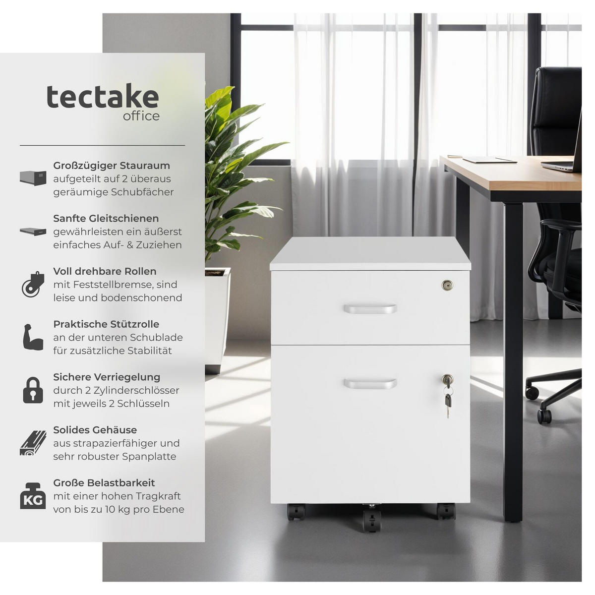 ROLLCONTAINER Vagur,40 x 44 x 54,5 cm,weiß - Weiß, Holzwerkstoff (40/54.5/46cm) - tectake