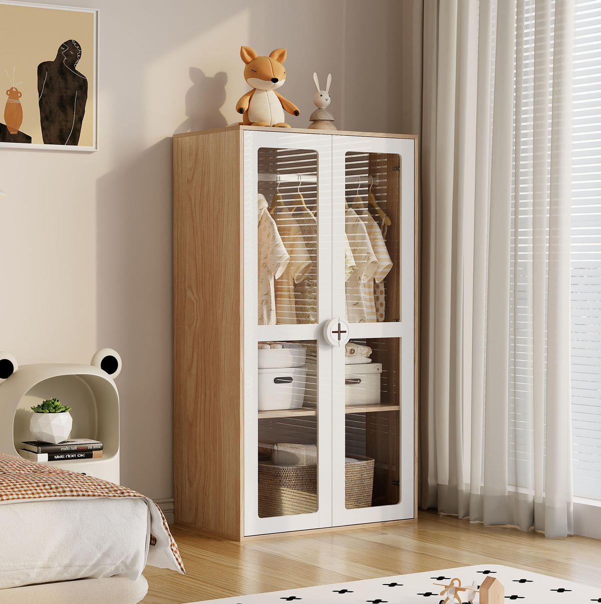 KINDERKLEIDERSCHRANK aus MDF 80x50x150 cm Natur/Weiß mit Acryltüren, Kleiderstange und höhenverstellbaren Regalen - Weiß, Holzwerkstoff (80/150/50cm) - Modfu