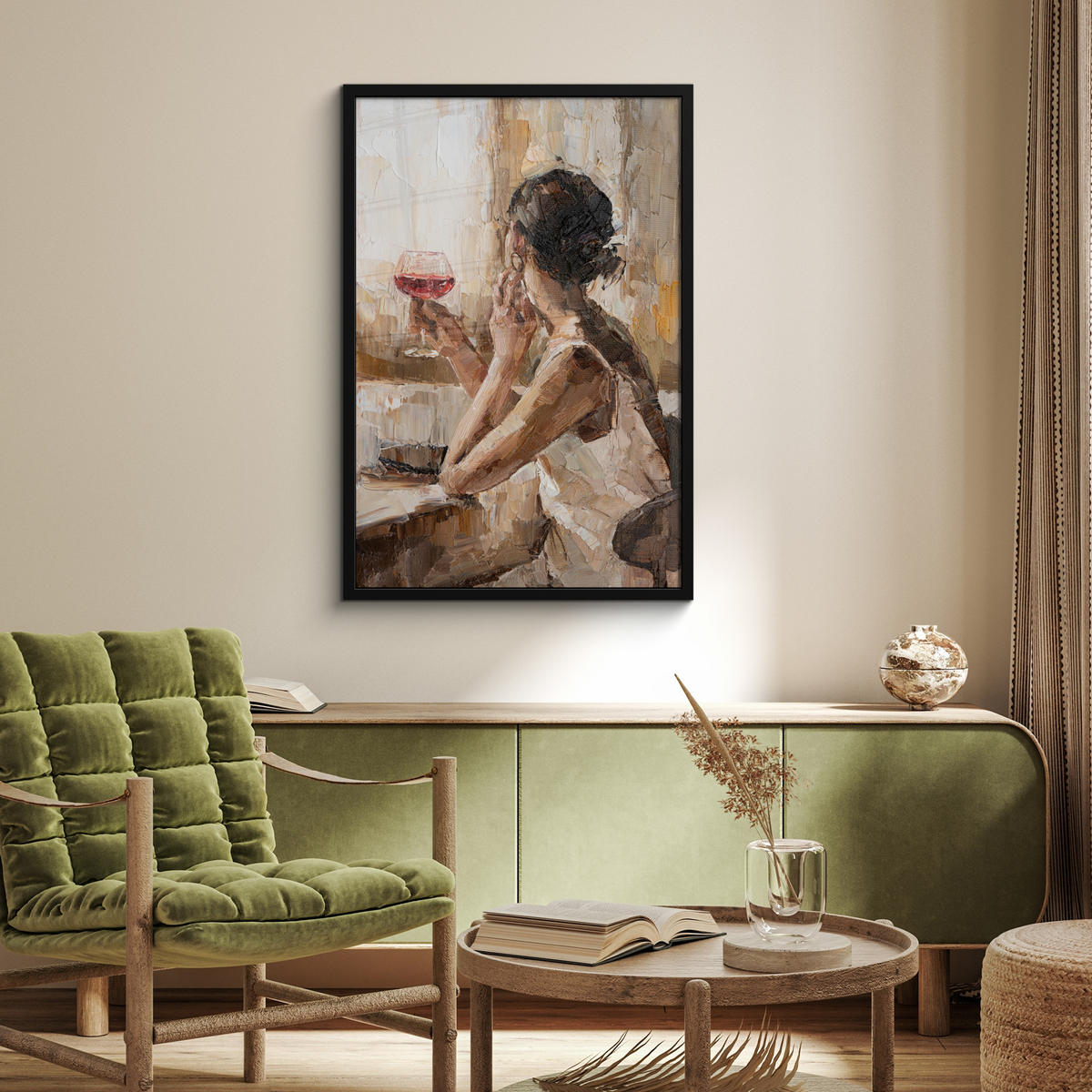 ZARÁMOVANÝ PLAGÁT Olejomaľba - Žena - Víno 60x90 cm - svetlohnedá, papier (60/90cm) - MuchoWow