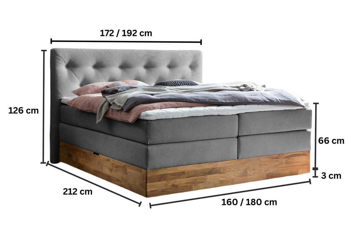 BOXSPRINGBETT MARBO 180x200 Anthrazit H2 und H3 mit Bettkasten 7-Zonen Taschenfederkern Matratze inkl. Visco Topper und Eiche - Anthrazit, Textil (180/200cm) - Belanoti