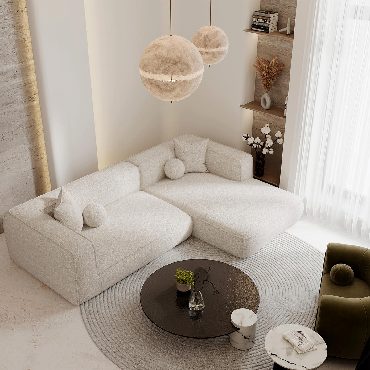 ECKSOFA rechtwinklig SOFIA Frottee Creme 255cm - Creme, Textil (255/166cm) - Premium Interiors