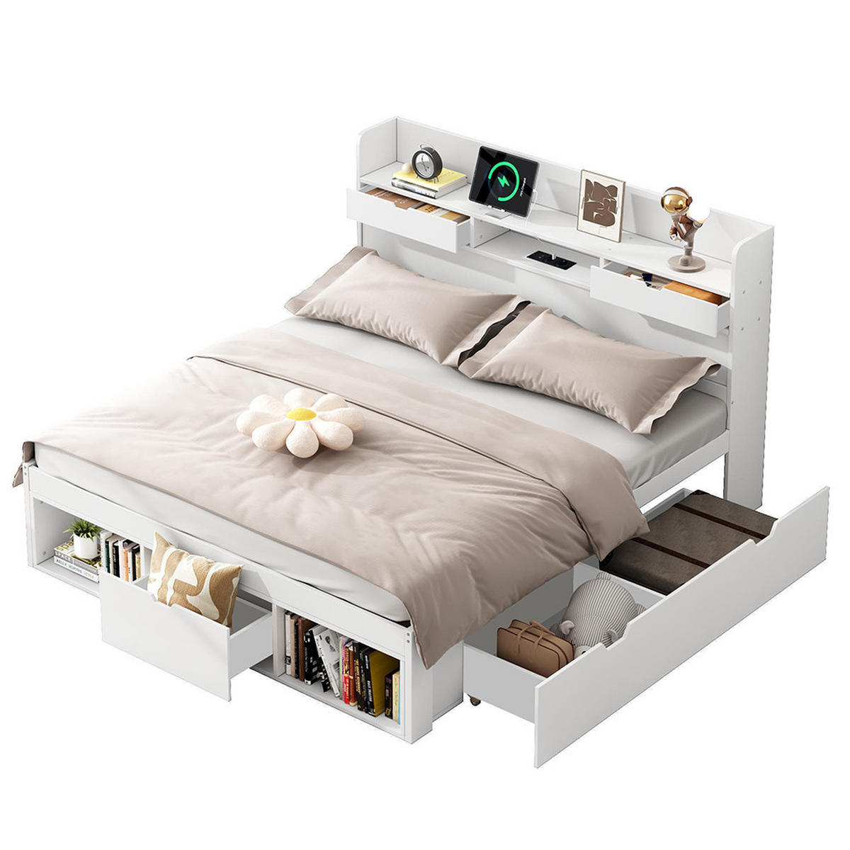 STAURAUMBETT 135x190 cm mit USB-Anschluss und Schubladen in Weiß - Weiß, Holz - KOMHTOM