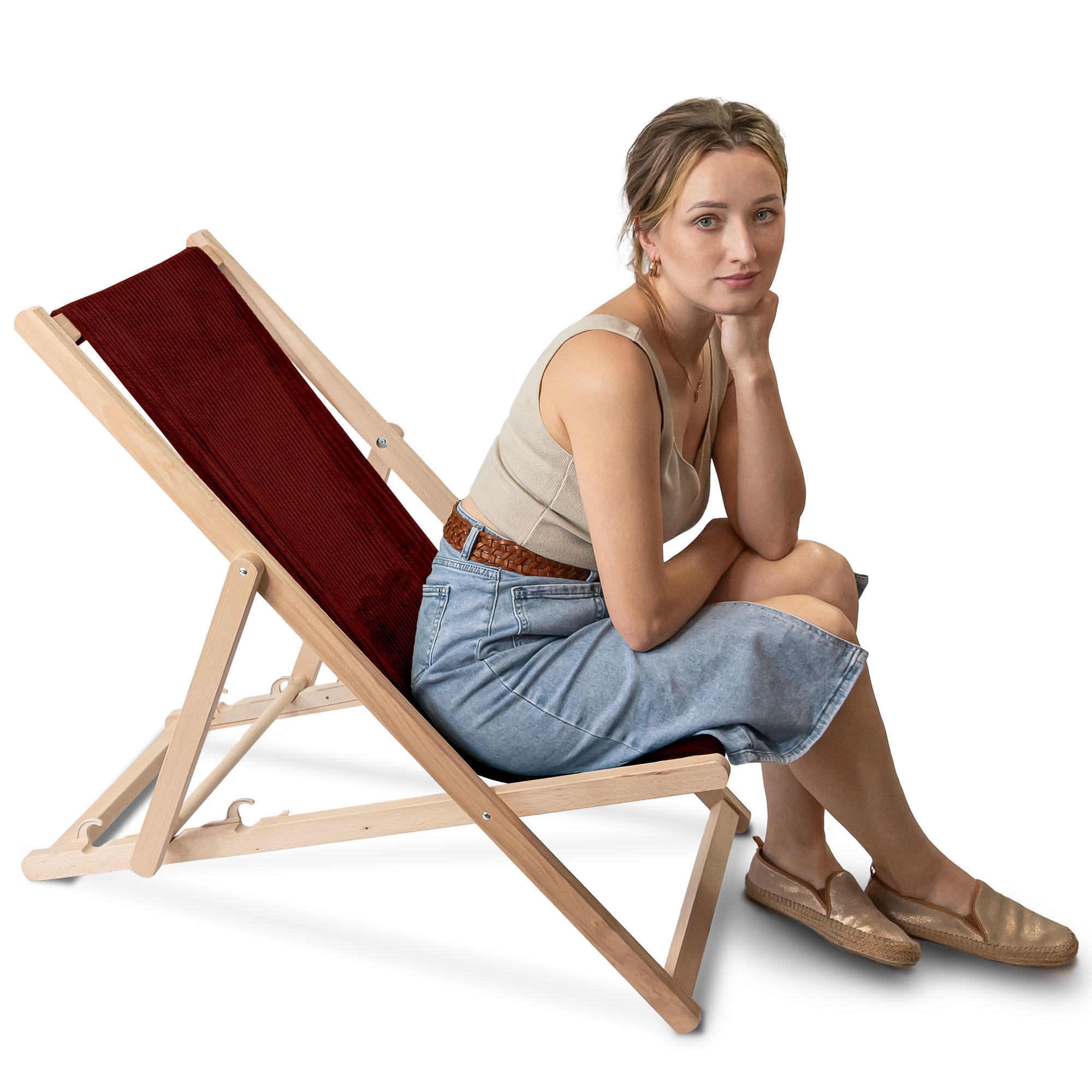 HOLZLIEGESTUHL klappbar Buchenholz Cord-Gewebe Fired Brick M - Rot/Dunkelrot, Holz/Textil (54/85/92cm) - Dreamroots