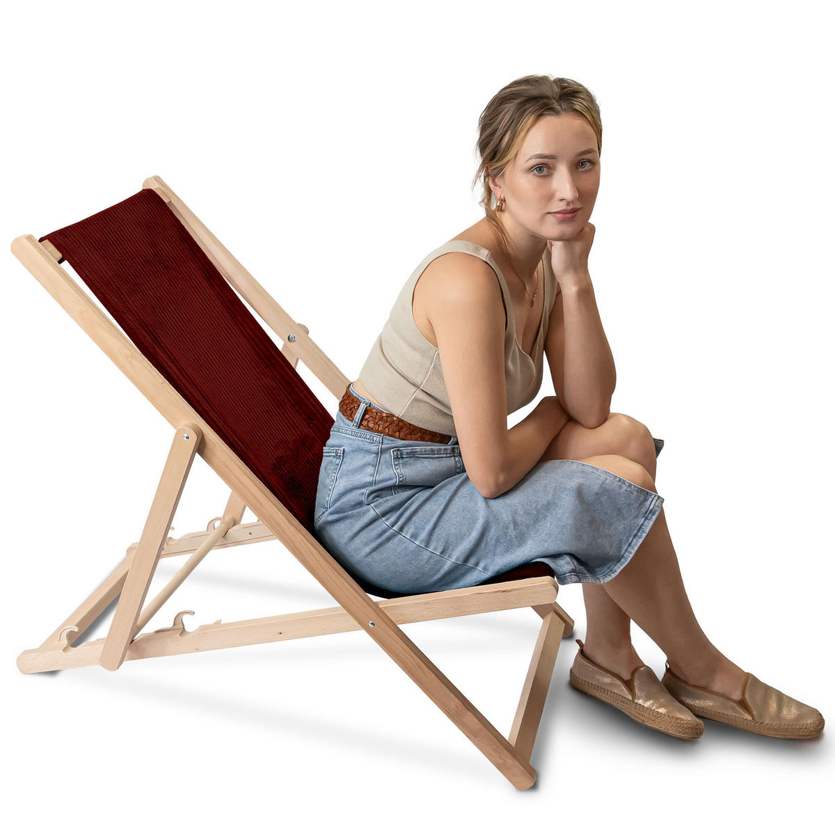 HOLZLIEGESTUHL klappbar Buchenholz Cord-Gewebe Fired Brick M - Rot/Dunkelrot, Holz/Textil (54/85/92cm) - Dreamroots