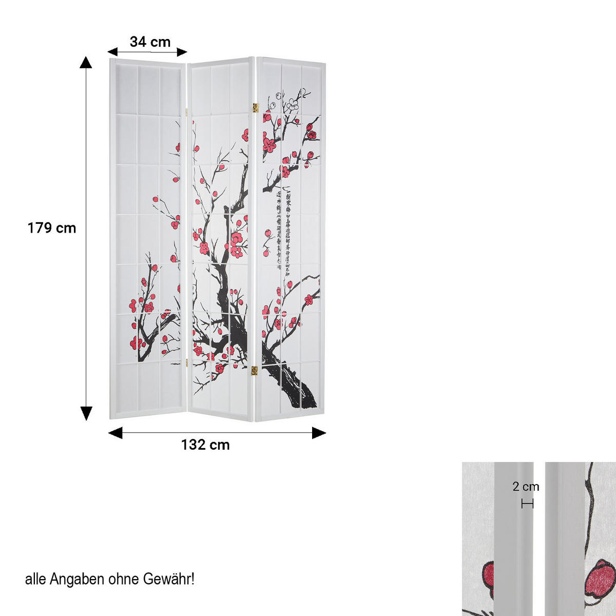 PARAVENT 3-tlg. 132/175 cm Weiß Kirschmuster - Weiß, Holz (132/179/2cm) - Homestyle4u