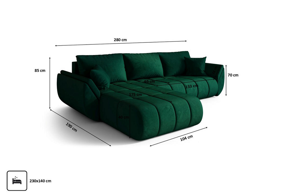 ECKSOFA TOKYO PREMIUM mit Schlaffunktion, Stoff MONOLITH, Grün, Links - Grün, Holz (280/190cm) - Kaiser Möbel