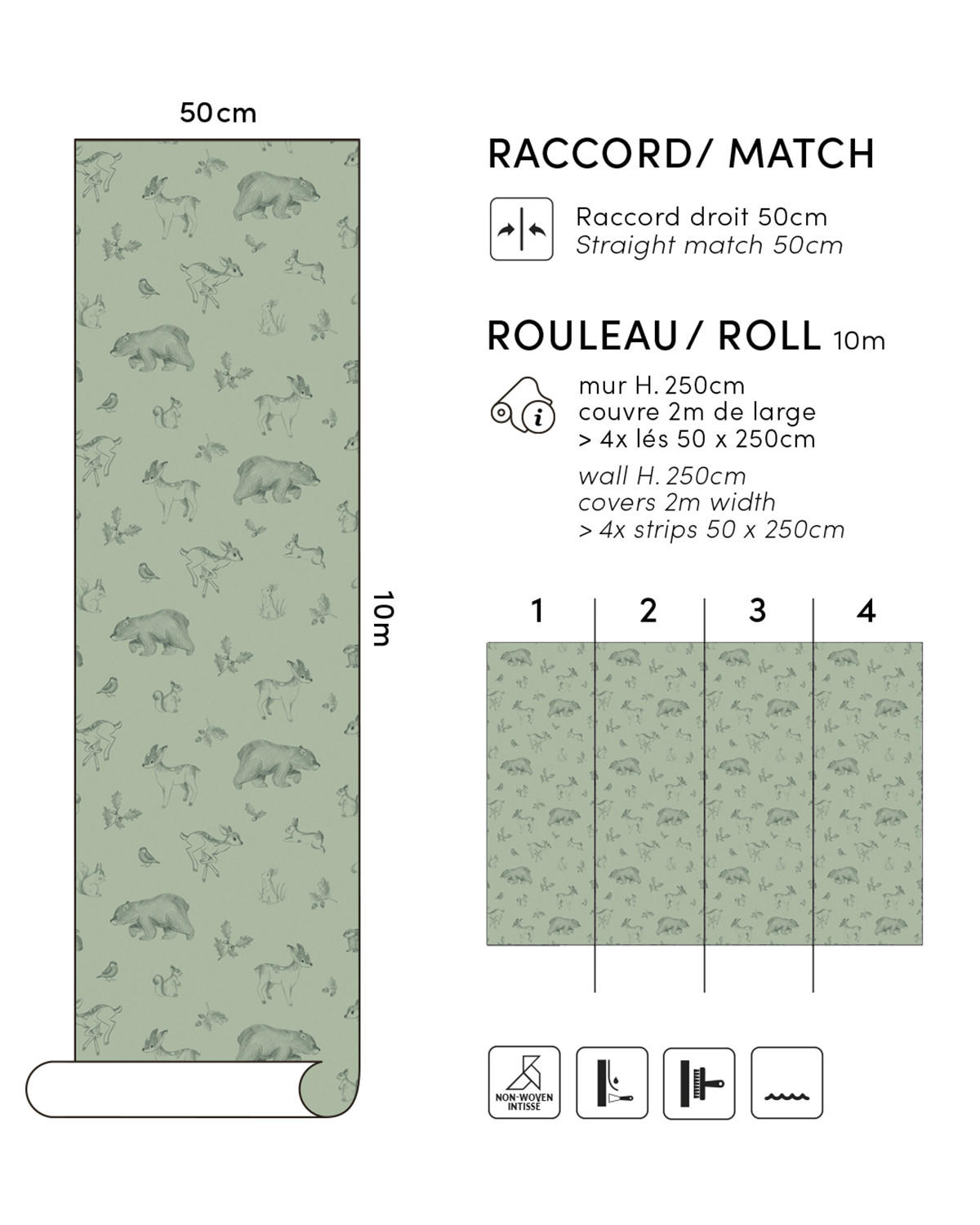 VLIESTAPETE Natural, Waldtiere 50 cm x 10 m Salbeigrün - Salbeigrün/Grün, Papier (1000/50cm) - Lilipinso