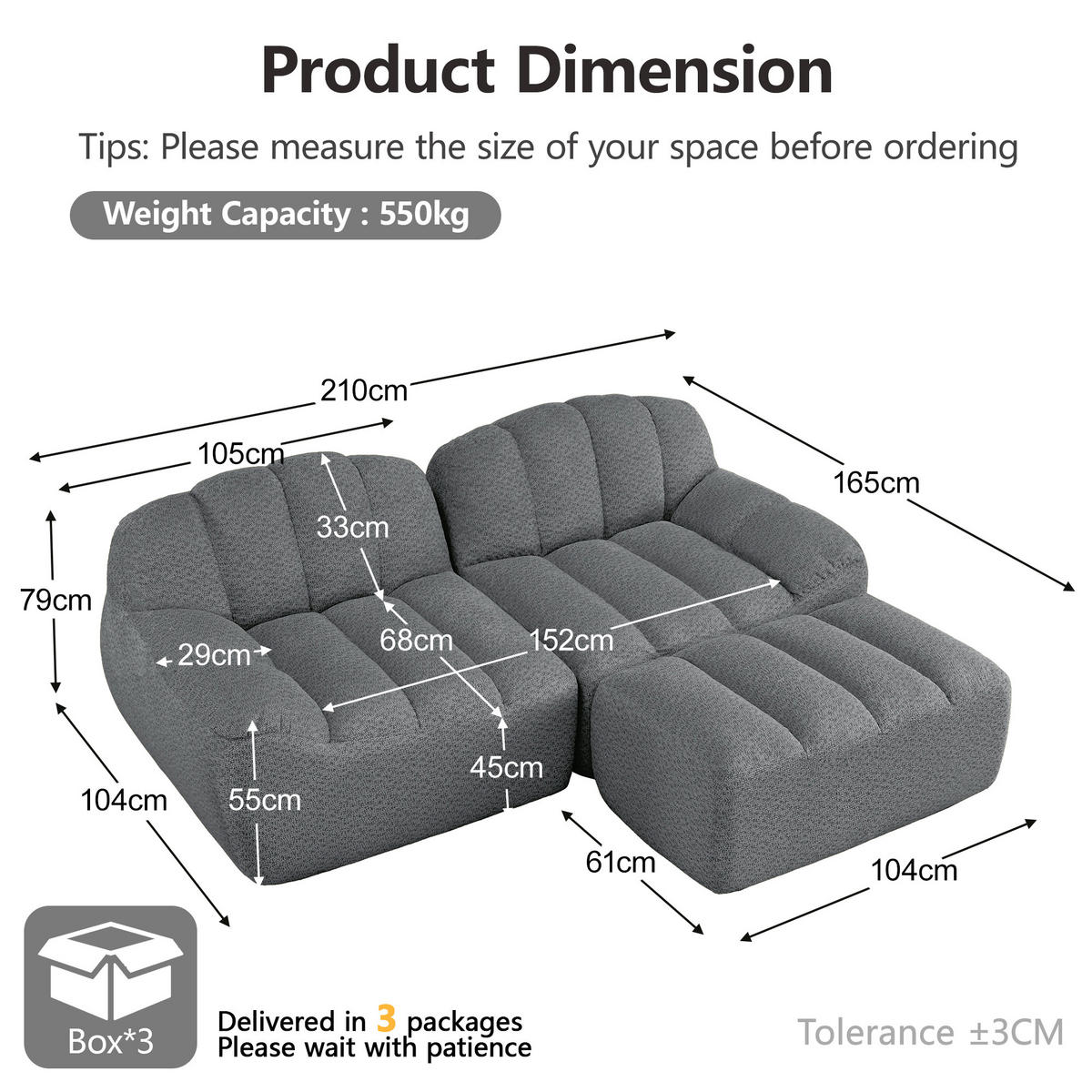 ECKSOFA aus granuliertem Fleece, frameless Lounge-Design ohne Montage - Grau, Textil (210/165cm) - Urban Meuble