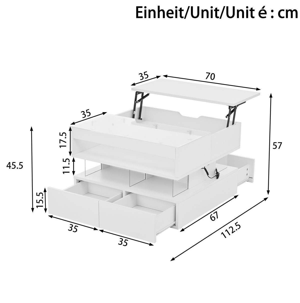 COUCHTISCH aus Spanplatte 70x67x57 cm Weiß mit anhebbarer Glasplatte, LED-Beleuchtung und Stauraum - Weiß, Holzwerkstoff (70/67/57cm) - Modfu