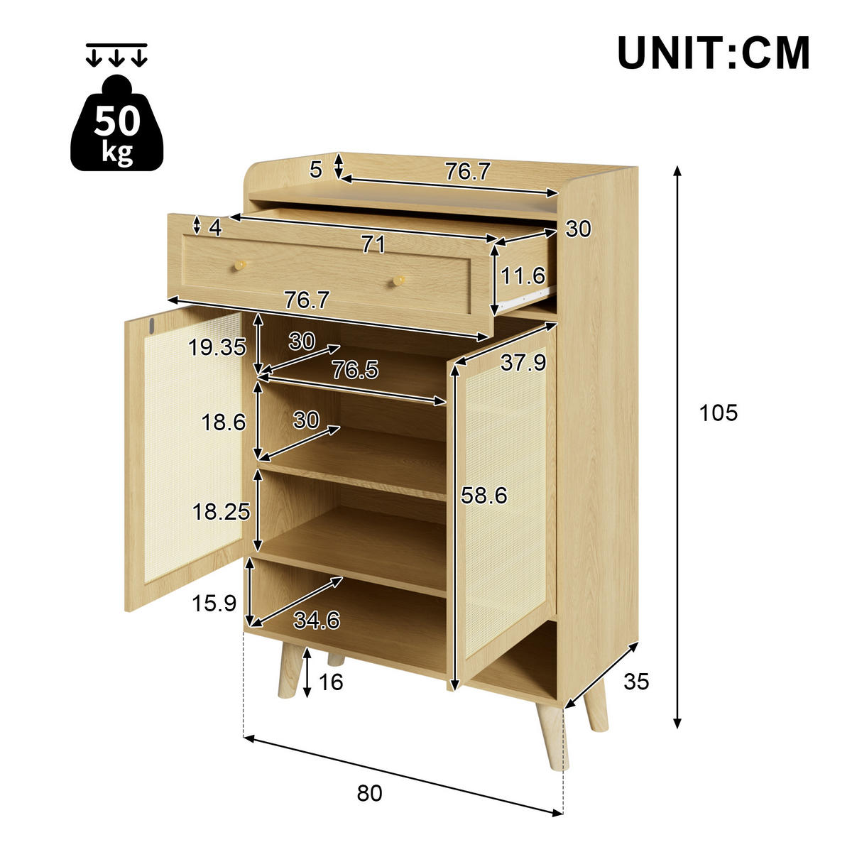 SCHUHSCHRANK Eiche hell 80/35/105 cm - Hellbraun, Holzwerkstoff (80/105/35cm) - PANGIVO