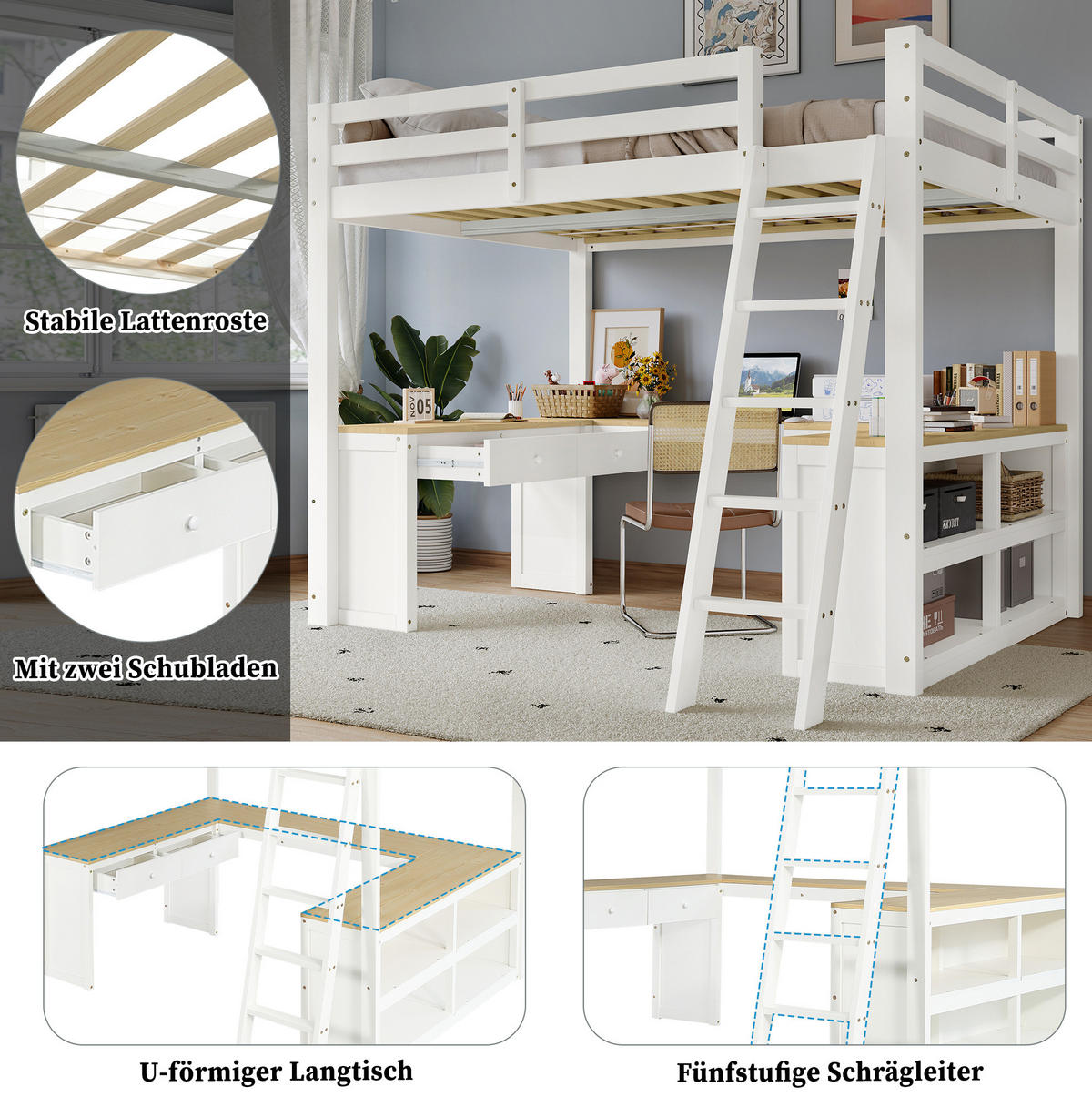 GORNJI krevet od borovine i MDF-a 140x200 cm bijela/prirodna s U-stolom, 2 ladice, policom i kosim ljestvama - bijela, drvni materijal (140/200cm) - Modfu