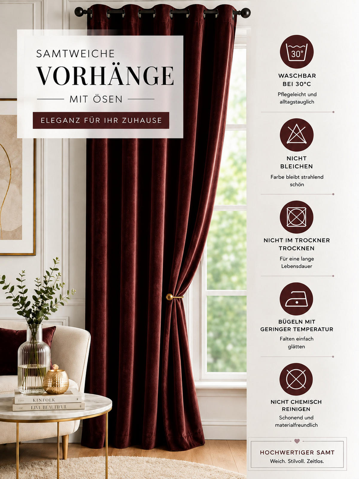 VORHANG Ösen Samt 300/245 cm Bordeaux - Bordeaux, Textil (300/245/245cm) - TiborTex