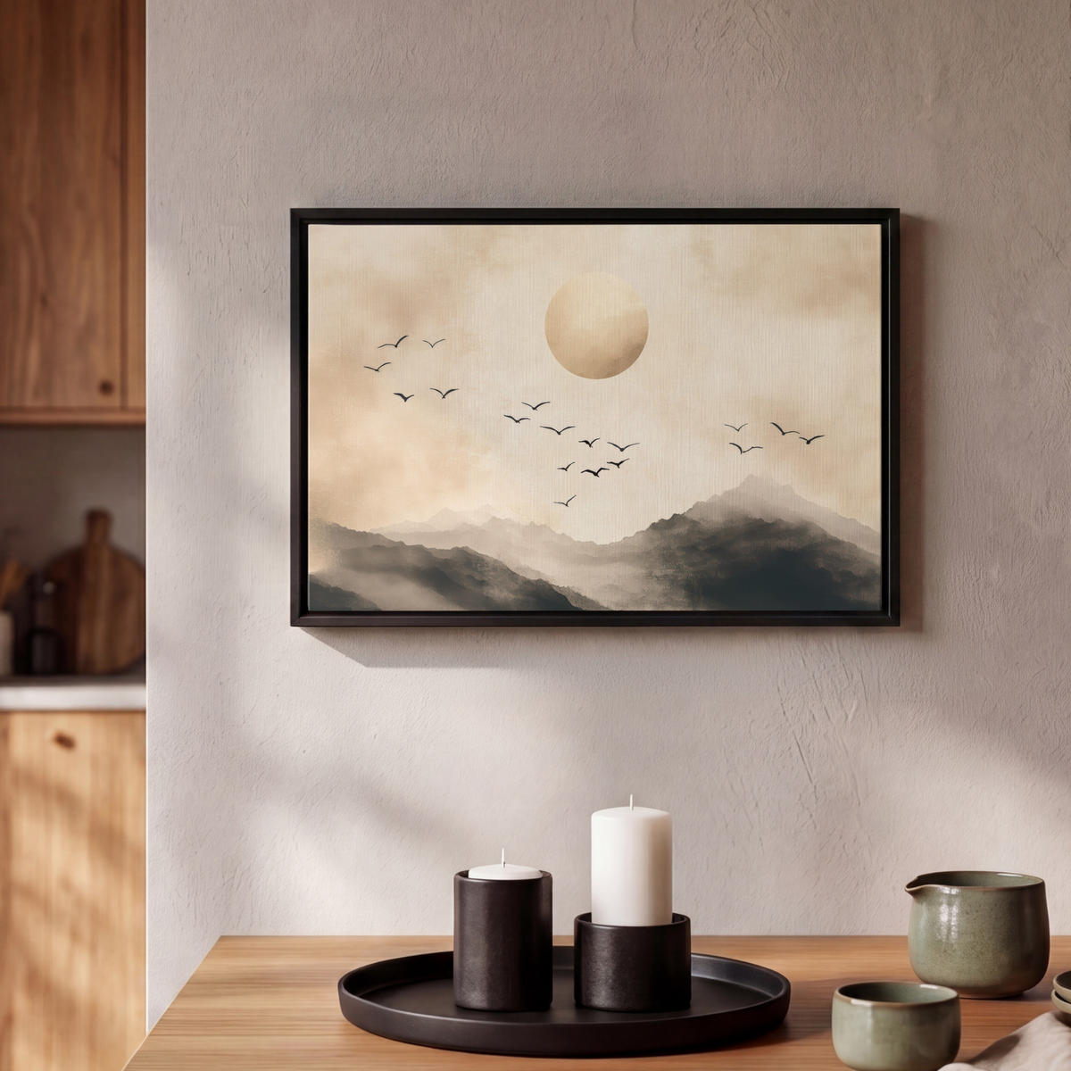LEINWAND Bilder mit Rahmen - Landschaft - Japandi - Vogel - 30x20 - Beige, Textil (30/20cm) - MuchoWow