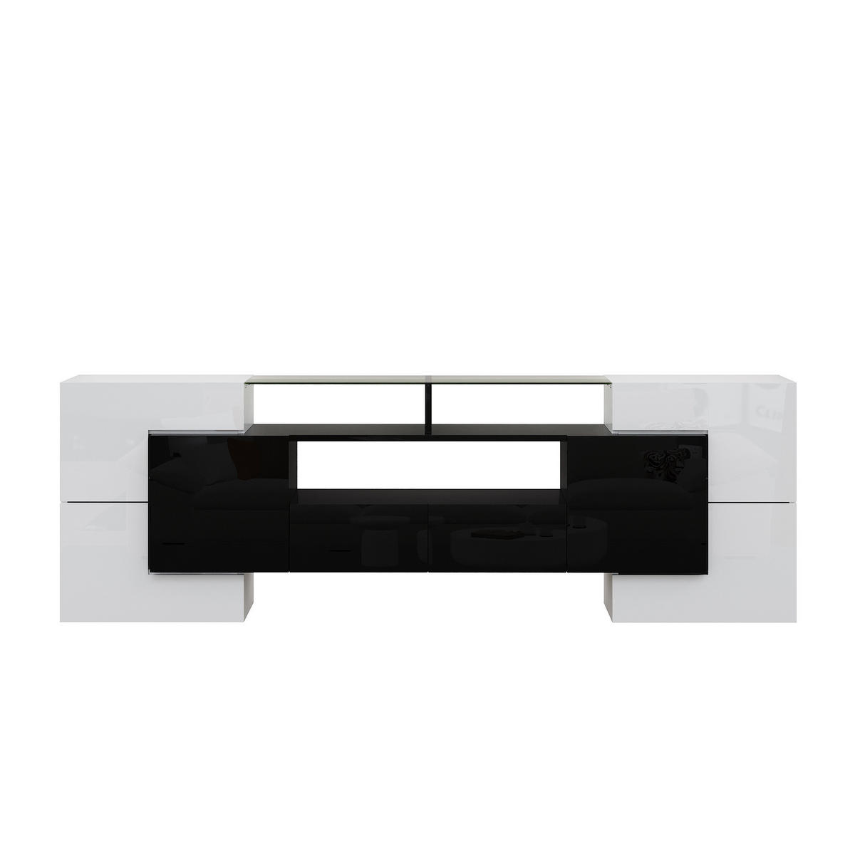TV-LOWBOARD aus Spanplatte 200x35x60 cm Weiß/Schwarz mit LED-Beleuchtung, 6 Türen und 2 Schubladen - Schwarz, Holzwerkstoff (200/60/35cm) - IVMEU