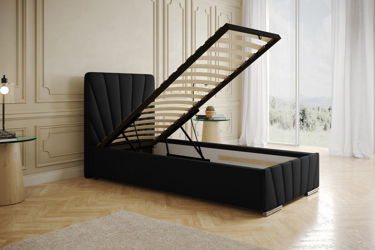 POLSTERBETT Ray 90 x 200 cm mit Bettkasten, Lattenrost und Taschenfederkernmatratze Pocket mit Kokosmatte - Schwarz - Schwarz, Holz (90/200cm) - Panda Möbel