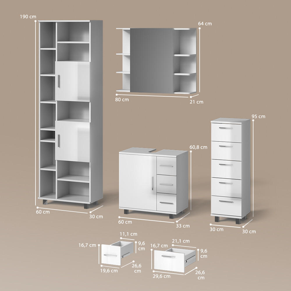 Thumbnail - Livinity® Badmöbel-Set, Weiß Hochglanz, Weiß, Holzwerkstoff, 20 Fächer, 8 Schubladen, Rechteckig, 60x60x33 cm, Badezimme...