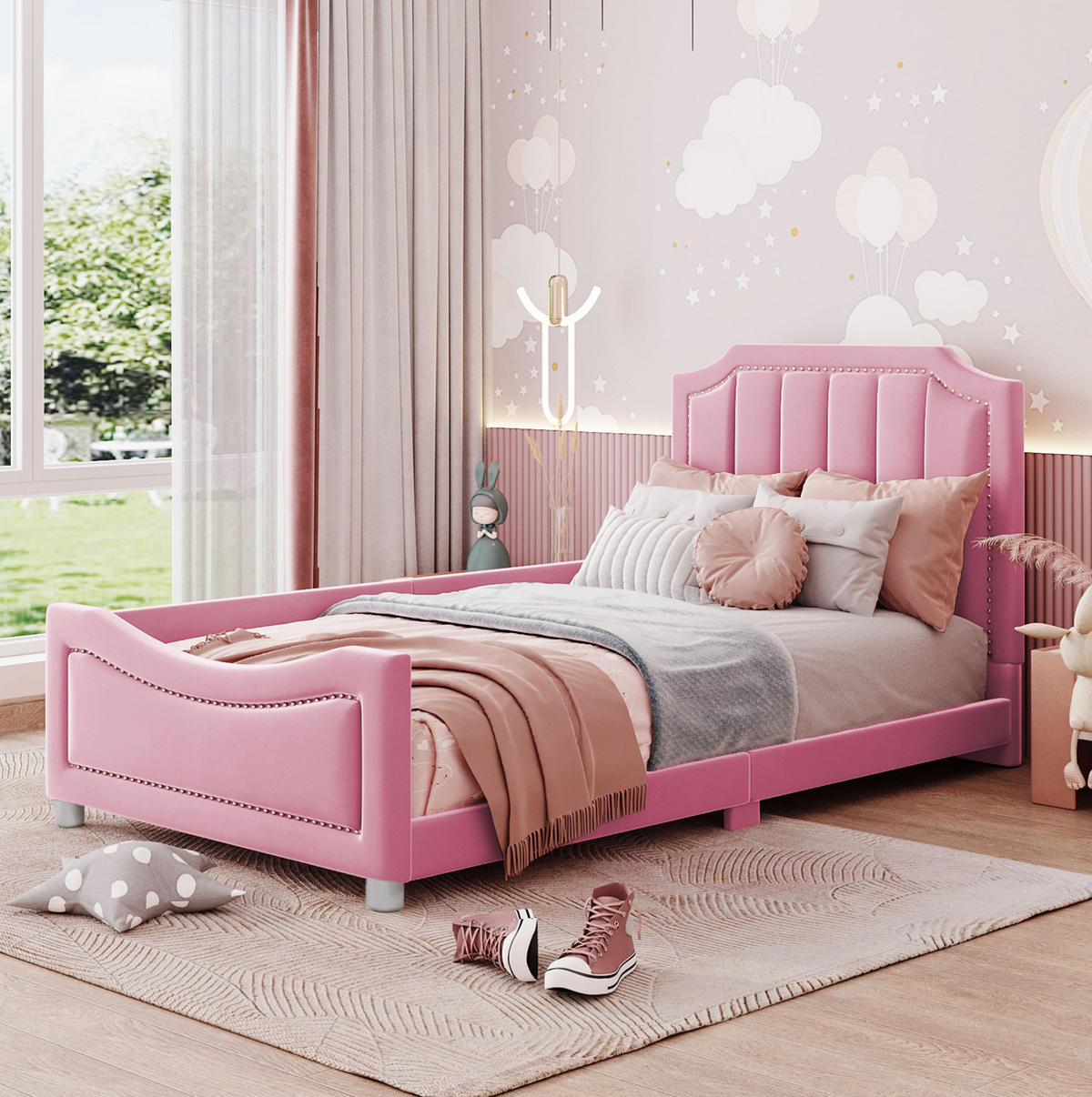 KINDEREINZELBETTEN aus Flanell 90 x 200 cm in Rosa mit Schlafsofa-Funktion - Rosa, Holz (90/200cm) - Modfu
