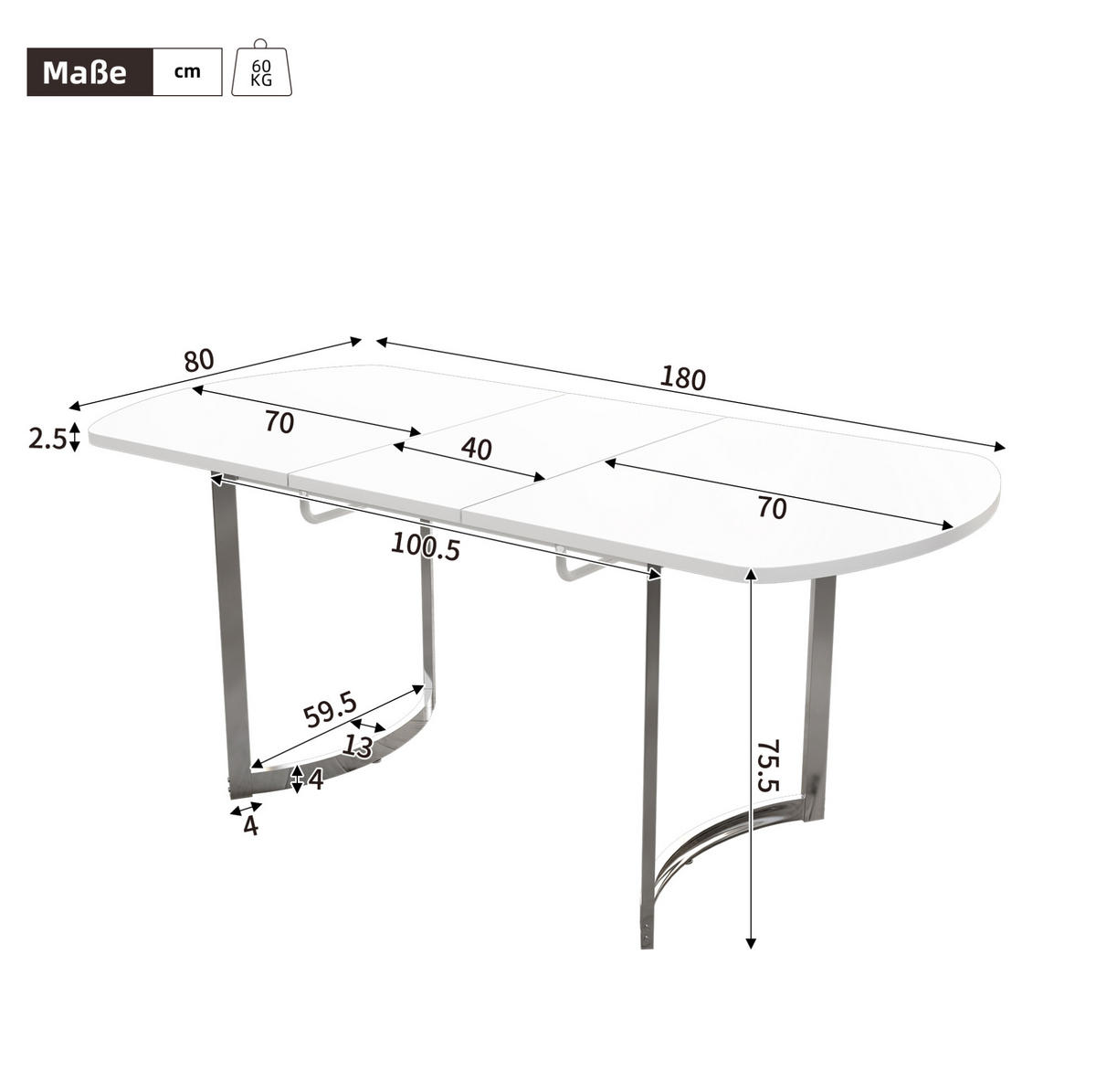 ESSTISCH aus MDF 180x80x75 cm Weiß mit ausziehbarer Tischplatte und silberfarbenen Metallbeinen - Weiß, Holzwerkstoff (180/80/75cm) - Modfu
