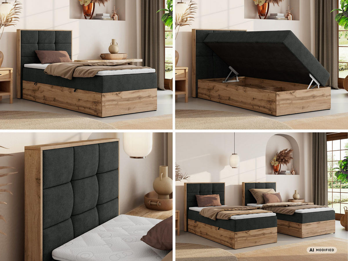 BOXBETT ALBERO 1 90/200 - Dunkelgrau Stukture - Topper Visco - H3 - Links - Dunkelgrau/Anthrazit, Kunststoff/Textil (90/200cm) - MKS