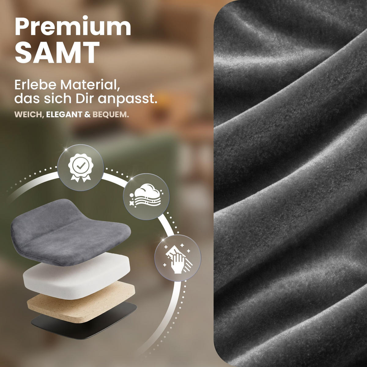 STUHL Samt Grau - Schwarz/Grau, Textil/Metall (51/80/60cm) - CLP