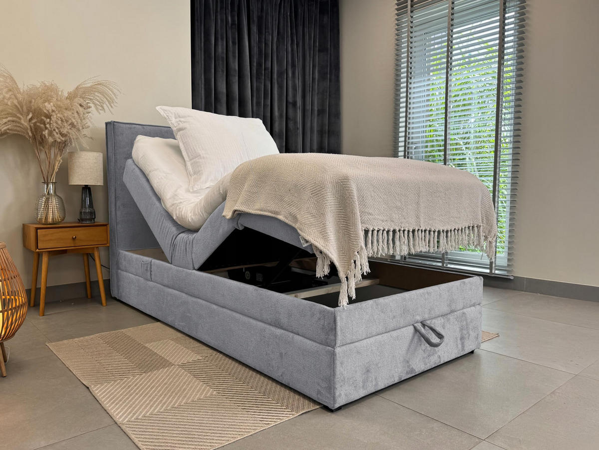 BOXBETT Sorrento - Elektrische Bett mit Matratze + Tooper, Kopfteil und Bettkasten - Stoffbezug Veloursstoff - 100x200 cm - Blau - Blau, Holzwerkstoff/Kunststoff (100/200cm) - Trada